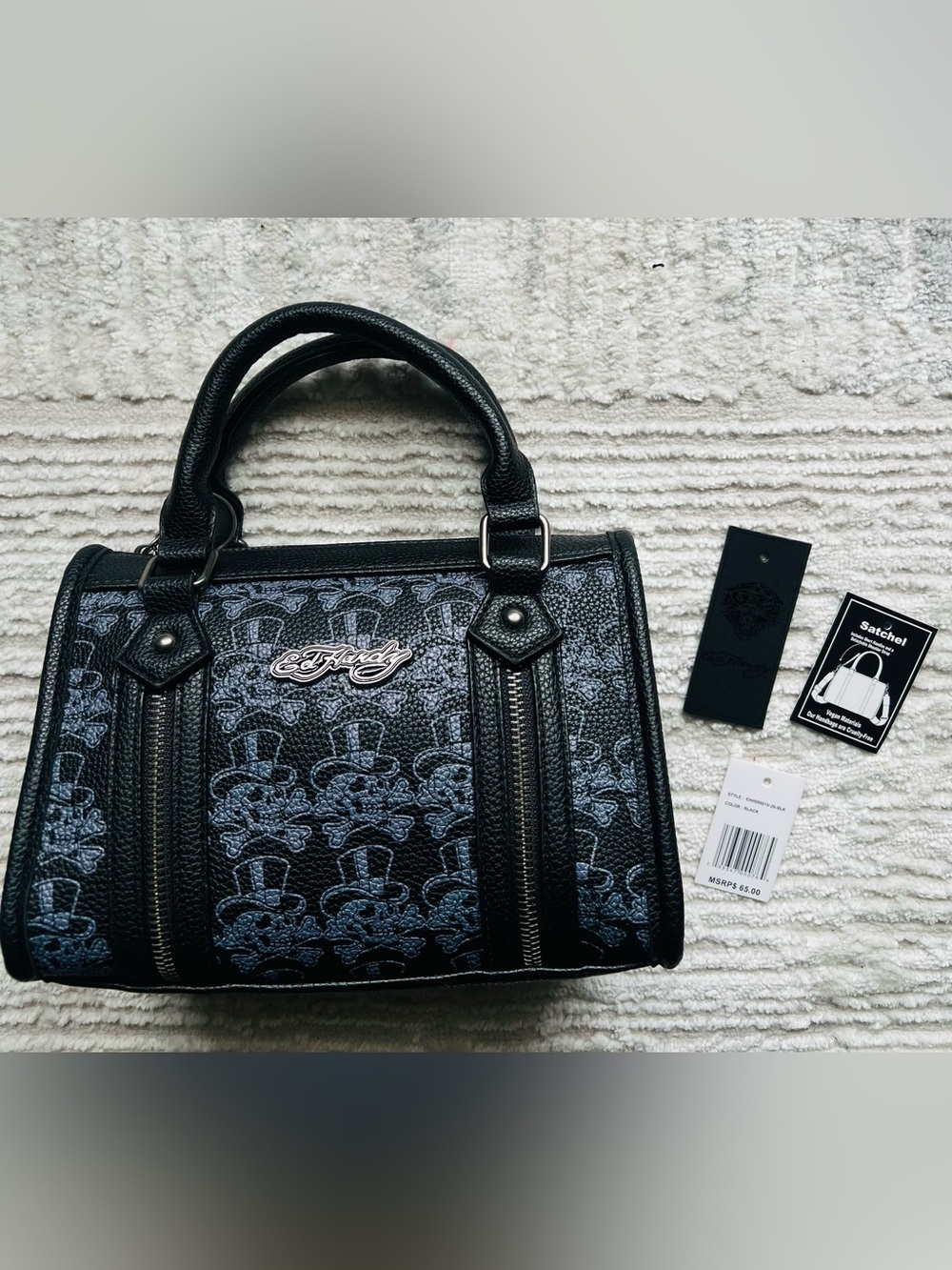 Ed Hardy Black Satchel with Silver Skull Top-Hat Print